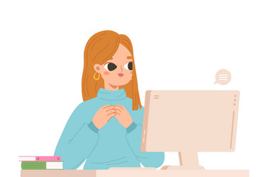 young girl chatting on computer thinking adult vector