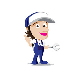 Smile mechanic man with tool in hand thumb up vector