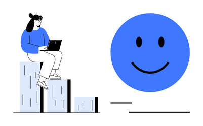 woman using laptop on bar chart steps with large vector image