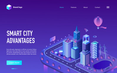 Smart city advantage isometric neon landing page vector