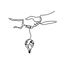 abstract handshake with globe light bulb as line vector image