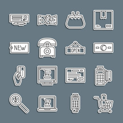 set line shopping cart and food pos terminal vector image