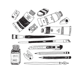 hand drawn art tools and supplies set vector