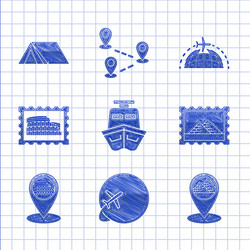 set ship globe with flying plane map pointer vector image
