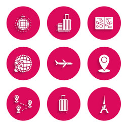set plane suitcase for travel eiffel tower map vector image