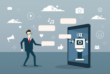 Man chatting with chat bot from digital tablet vector
