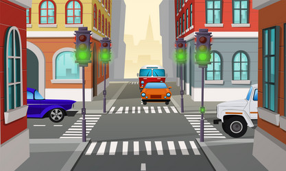 Cartoon city crossroad with traffic lights vector