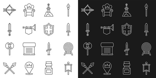 Set line medieval flag target with arrow sword vector