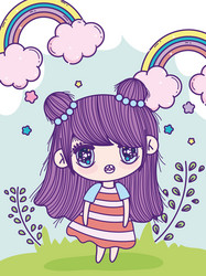 anime cute girl bun hair rainbows leaves meadow vector