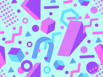 seamless pattern with 3d geometric shapes in 80s vector image