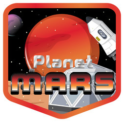 planet mars word logo design with space station vector