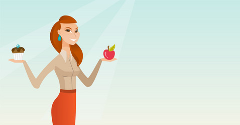 woman choosing between apple and cupcake vector image