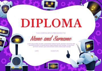 kids diploma template with robots droids vector