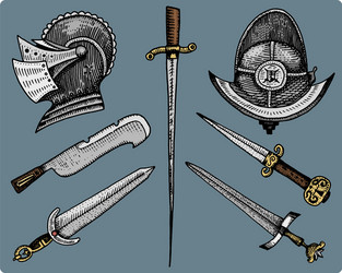 medieval symbols helmet and swords knife vintage vector