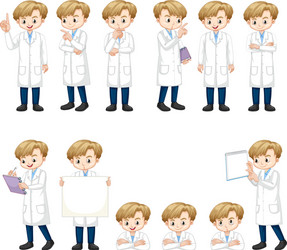 Set boy in science gown doing many actions vector