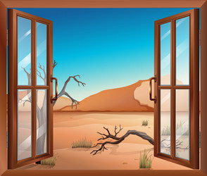 an open window with a view of the desert vector