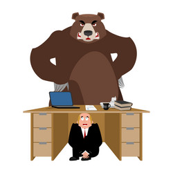 businessman scared under table of bear frightened vector