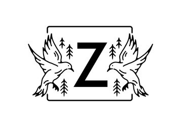 Black color of bird line art with z initial letter vector