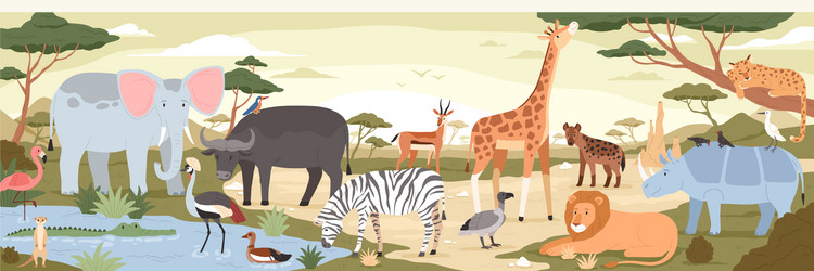 African Savannah With River And Wild Animals Vector Image