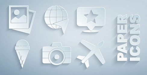Set photo camera map pointer with star ice cream vector