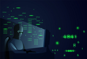 Hacker man behind desktop computer night attack vector