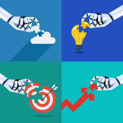 robot inserts the missing puzzle in different vector image