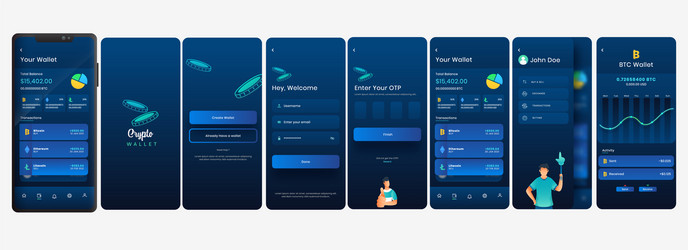 Crypto wallet mobile app ui ux screens including vector