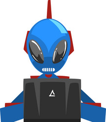 Alien sitting in front computer robot android vector