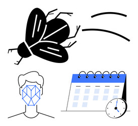facial recognition analysis with insect and clock vector image