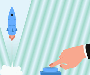man hand pressing button to launch rocket vector image