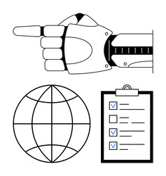 robotic hand pointing with globe and checklist vector image