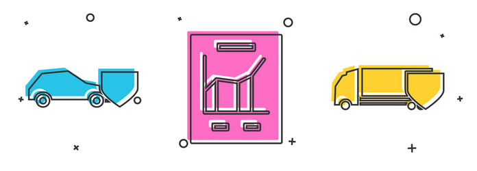 set car with shield document graph chart vector