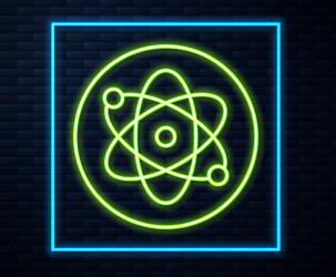 Glowing neon line atom icon isolated on brick wall vector