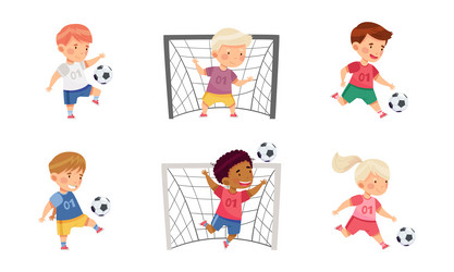 Cute kids playing soccer set children kicking vector