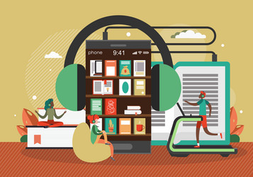 smartphone with headphones books on shelves vector