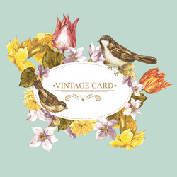 Spring floral retro card with bird sparrows vector