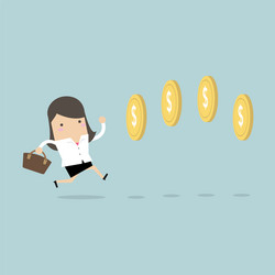 businesswoman chasing coins video game style vector