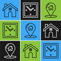 set line house map pointer with and clock vector