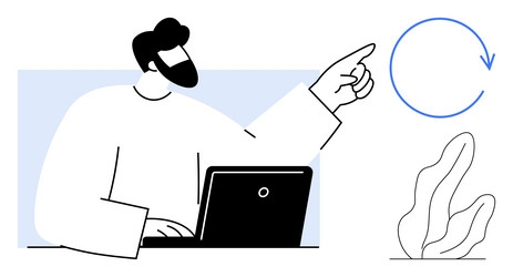 man using laptop and pointing at circular process vector image