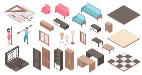 isometric interior design project set vector