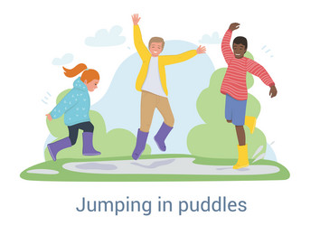 three joyful young kids jumping in puddles after vector