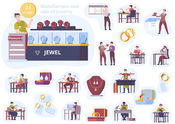 manufacture and sale of jewelry flat icons vector