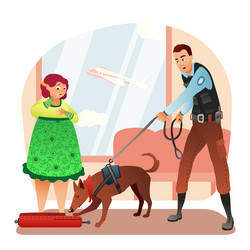 Security man with tracker dog check woman bag vector