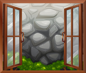 an open window with a view of the stonewall vector image