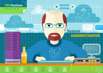 system administrator with computer in data centre vector