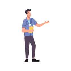 man with badge pointing aside guide vector image