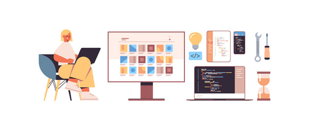 Female web developer using laptop creating program vector