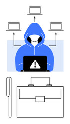 hacker in hoodie accessing data with laptop vector image