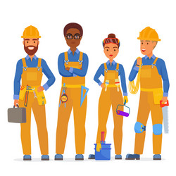 Tiny mechanics happy workers team Royalty Free Vector Image