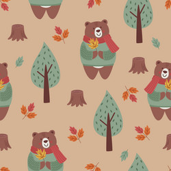 seamless pattern with cute autumn bear and tree vector image